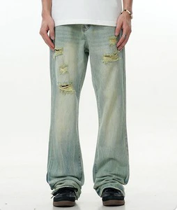 New Arrival High Quality Ripped Stretch Custom Logo Denim Vintage Pants Distressed Straight Baggy Washed Flared Jeans for Men