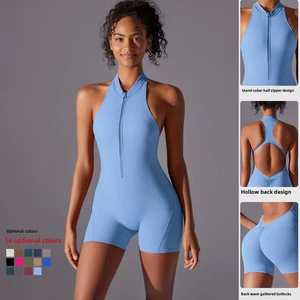 One Piece Breathable Spandex/Nylon Zip Sports Jumpsuit for Women Tight Fit Yoga and Workout Wear Hollow Out Crew Neck