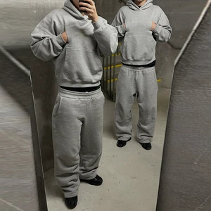 Custom Men's Oversized Grey Hoodie and Sweatpants Set 2 Piece Tracksuit Polyester Breathable Casual Streetwear Loungewear
