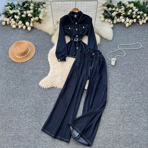2026 Two Piece Ladies Set Women's Denim Set Belted Long-Sleeve Top Wide-Leg Pants Chic Piece Outfit Two-piece Suit Women's