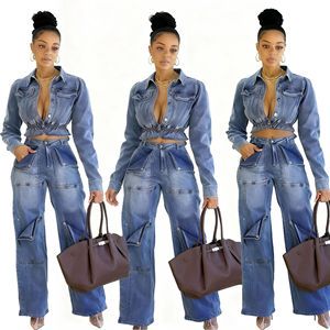 Fall Women's Stretch Denim 2 Piece Set Fashion Multi-Pockets Full Sleeve Ruffles Crop Jacket+Jeans Trouser Matching Sets
