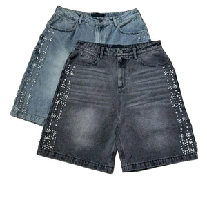 Men's Custom Summer Streetwear Mid Waist Solid Button Sparkly Jeans Rhinestones Casual Plain Dyed OEM ODM Fashion Bottoms