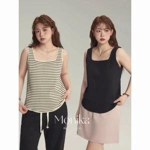 Large Size Women's Wear Chubby Girl Spring Summer New Style Square Collar Wide-brimmed Sleeveless Knitted Sling Inner Slim