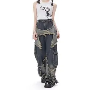 Custom Wash Denim Distressed Appliqued Women's Jeans Vintage Faded Lady Baggy Jeans Women's Pants Loose Casual Slim Women Jeans