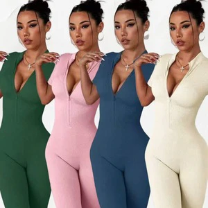 Women's Casual Solid Short Sleeve Yoga Jumpsuit High-Intensity Fitness Training Outdoor Sports One-Piece Suit New Summer