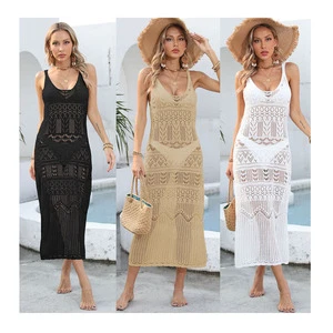 Hot Sales Women's Sexy Cover up Crochet Dress Sleeveless Beachwear Knitted Hollow Out Pool Wear Sheer Beach Cover Ups for Women