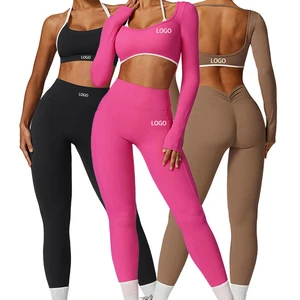 OEM ODM 3 Piece Long Sleeve Butt Lifting Fitness Yoga Sports Bra Leggings Set Gym Active Wear Suit for Women Gym Fitness Sets