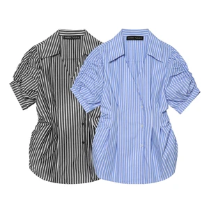 PB&ZA Women 2026 Summer New Fashion Blouses Casual Hubble-Bubble Sleeve Shortsleeve Striped Sweet Female Shirts Chic Top