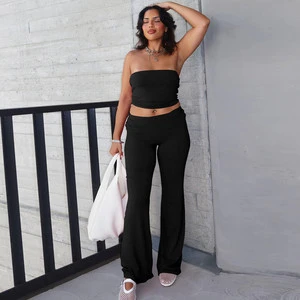 Women's Bandeau Sleeveless Yoga Set Built-in Padded Bra Ruched Detail Slim Fit Wide Leg Pants 2 Piece for Pilates Gym Fitness