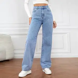 Trendy Women's Loose Wide Leg Breathable Solid High Waist Casual Denim Jeans Summer High Quality European American Style Factory