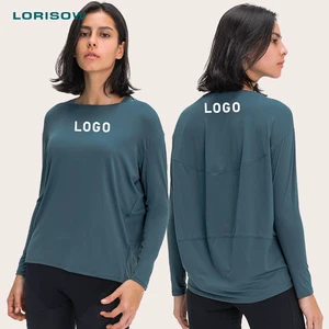 LORISOW Custom Logo Loose Running Fitness Gym Wear Women Simple SportsWorkout Oversize T-shirts Long Sleeved Plus Size Yoga Top
