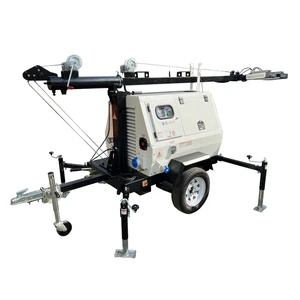 A Mobile diesel Engine Lighting Tower Equipped with 4 Sets of 500-watt LED Lamp Towers and Extendable Masts