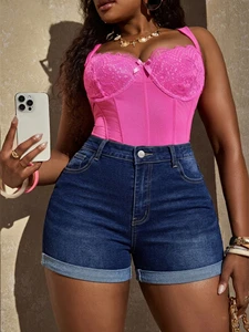 Plus Size Women's Summer Casual High Waist Denim Shorts High-Stretch Comfortable Fabric Cuffed Hem Dark Blue Stretchy Jean Short