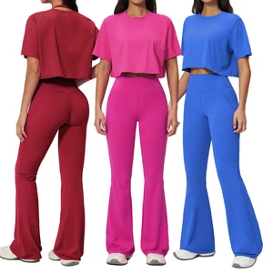 OEM 2-Piece Solid High Stretch Breathable Yoga Set Flared Padded High Waist Pilates Gym Active Wear Athletic Women's