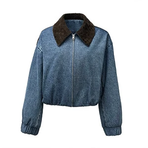 Jancoco New Arrival Genuine Leather Collar Denim Jacket Spring Autumn Custom Gathered Hem Jean Outwear for Women