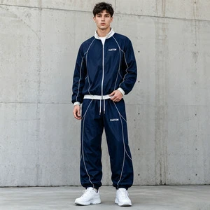 OEM Custom Nylon Tracksuit Men Contrast Piping Zip Vintage Jacket Loose Jogger Pants Urban Streetwear Two Piece Set