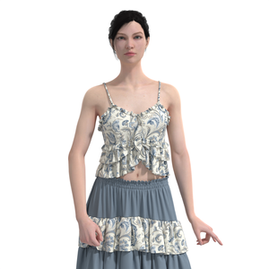 Vintage Breathable Blue Floral Ruched Crop Cami For Women Sleeveless Spaghetti Strap Summer Tank Top