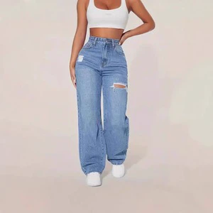 Washed and Torn Out Long Jeans for Women in Cross-border Foreign Trade European and American Style