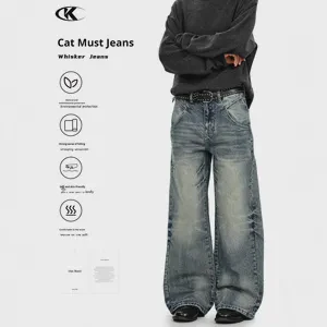11KN Manufacturer Custom American-style Whiskered Denim Jeans Men Vintage Medium Wash Blue Faded White Loose-fit Casual Trousers