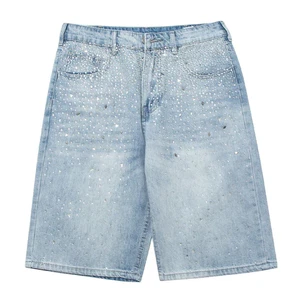 Custom Manufacture High Quality Washed Women's Baggy Denim Short With Custom Sparkling Rhinestone Design Pattern Vintage Jorts