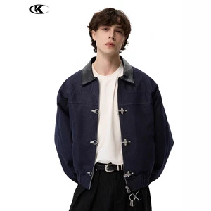 Wholesale Custom Men Denim Jacket Vintage Contrast PU Collar Blue Oversized Jean Coat Streetwear Outerwear OEM ODM Custom Logo