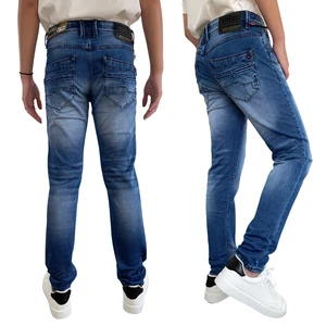 Men's Slim Fit Washed Blue Denim Jeans, Retro Faded Stretch Denim Pants, Multi-Pocket Embroidered Casual Trousers for Daily