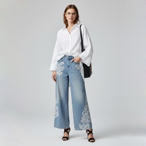 Ladies High-Waist Breathable Eco-Friendly Vintage Summer Loose Fit Denim Jeans Casual Style Light Blue Wide-Leg Floral Printing
