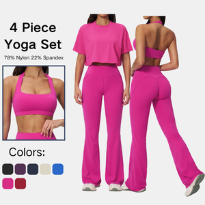 Womens Four Piece Yoga Set Halter Sports Bra Cross Back Crop Top Flare Leggings Gym Workout Fitness Activewear Outfit