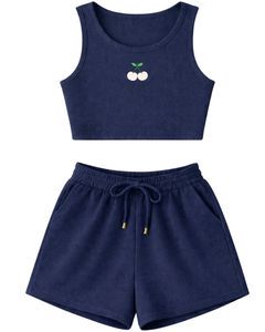 Women Ribbed Crop Tank Top And Drawstring Shorts Set Navy Blue With Cherry Embroidery Casual Lounge Two Piece Outfit Customized