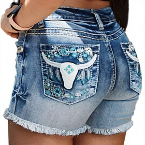 Wholesale Summer Women's Vintage Straight High Waist Denim Shorts Embroidery Breathable Polyester/Cotton Fabric Bull Head
