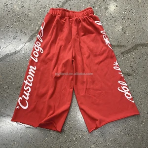 Oversized Baggy Red Bermuda Pants Vertical Cursive Star Print On Both Sides Raw Fringe Hem Custom Graphic Streetwear Pants