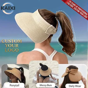 Wholesale Customized Logo Foldable Wide Brim Straw For Women Adjustable UV Protection Summer Beach Sun Visor Empty Top Hat