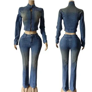 FS17889D Autumn Hot Sale Women Denim Jackets and Jeans Two-Pieces Sets