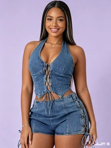 New Summer Women Halter Lace up Backless Sleeveless Denim Suits Casual Cool Girls Women Clothing Jeans Shorts 2 Piece Set