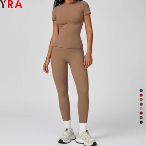 Solid Short Sleeves Skinny Slim Fit Tops & Long Leggings Yoga Set with Front Custom Logo-Breathable Sports Fitness Wear