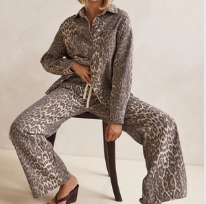 Western Vintage Women's Leopard Button Down Denim Shirt Jacket and Jeans Pants 2 Piece Set Outfit Spring