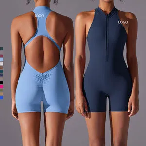 Custom Backless Scrunch Butt Sleeveless Fitness One Piece Yoga Workout Rompers Zip Shorts Yoga Jumpsuit