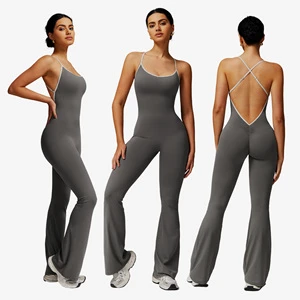 Workout Bodysuit Tummy Control Outdoor Sports Bodysuit Flared Trousers Sleeveless Hollow Back Gym Active Jumpsuits For Women
