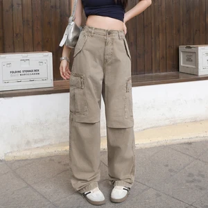 Custom Women's Wide Leg Pants Straight Multiple Pockets Trousers Loose Fit Sport Pants Women Cargo Trousers