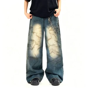 High Quality Wash Distressed Vintage Streetwear Denim Jeans Men Long Baggy Straight Leg Casual Pants for Daily Street