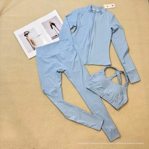 Yoga Workout Set Breathable for Zip-up Jacket + Padded Tank Top + Full-Length Wrinkle-Resistant Pants