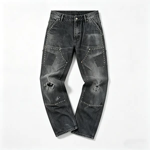 Men's Ripped Black Denim Jeans with Rivet Detailing and Vintage Wash Straight Leg Baggy Fit Streetwear Casual Trousers Wholesale