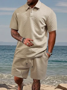 Cross-Border Men's Summer European American New Jacquard Fabric Casual Sports Thin Turn-Down Collar Color Blocking Polo Set