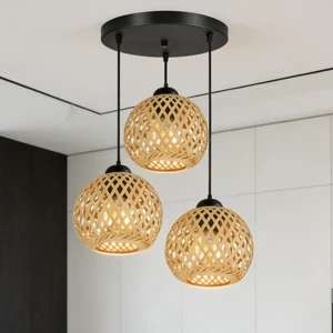 New Bamboo Lighting Lamps Wicker Rattan Wave Shade Bamboo E27 Pendant Light Dining Room Hanging Chandeliers Lantern Fixture