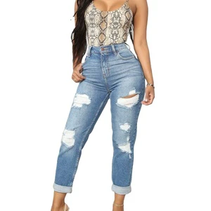 Hot Selling Women Distressed Denim Jeans High Waist Blue Wash Ladies' Skinny Ripped Jeans