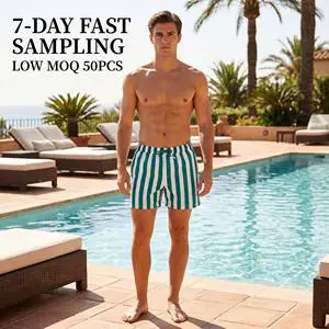 Custom Quick Dry Polyester Emerald Green White Vertical Striped Mesh Lining Board Shorts For Men Beach Vacation Swim Trunks