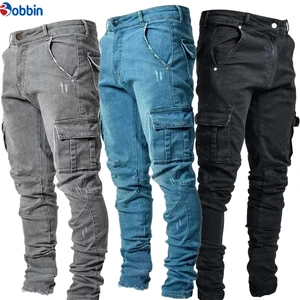 Men Denim Jeans Pant Cargo Casual Trousers Multi Pockets Jeans Pant Men's Denim Pants Side Pocket Small Trouser Leg Skinny Jeans