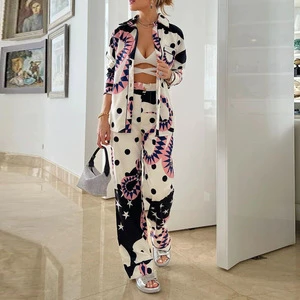 Women's Plus-size Temperament Long-sleeved commuter Shirt High-waisted Wide-leg Pant Suit