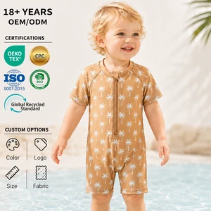 Custom Toddler Baby Boys One-Piece Swimsuit Short Sleeve UV Protection Quick-Dry Soft Zipper Cartoon Print Kids Swimwear