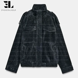 LARSUR Custom Denim Factory Washed Faux Suede Bomber Jacket Classic Faux Leather Suedette Racing Motorcycle Jacket Coat Women